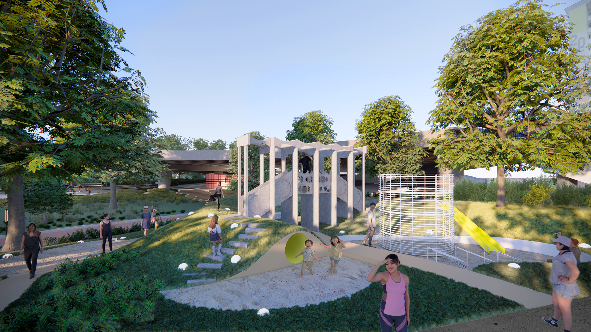 Rendering of a park with people walking and children playing on playground equipment under trees.